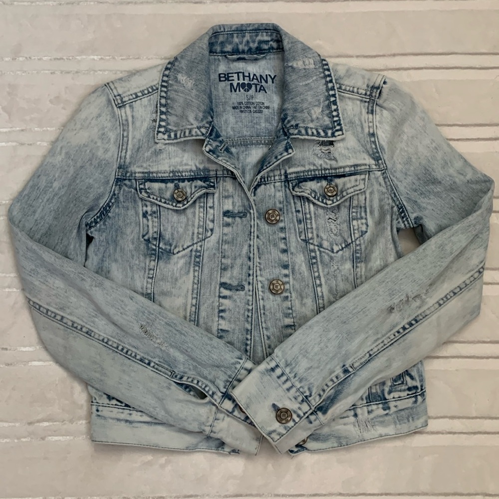 Bethany Mota Petite Cotton Distressed Denim Bleached Wash Jean Jacket